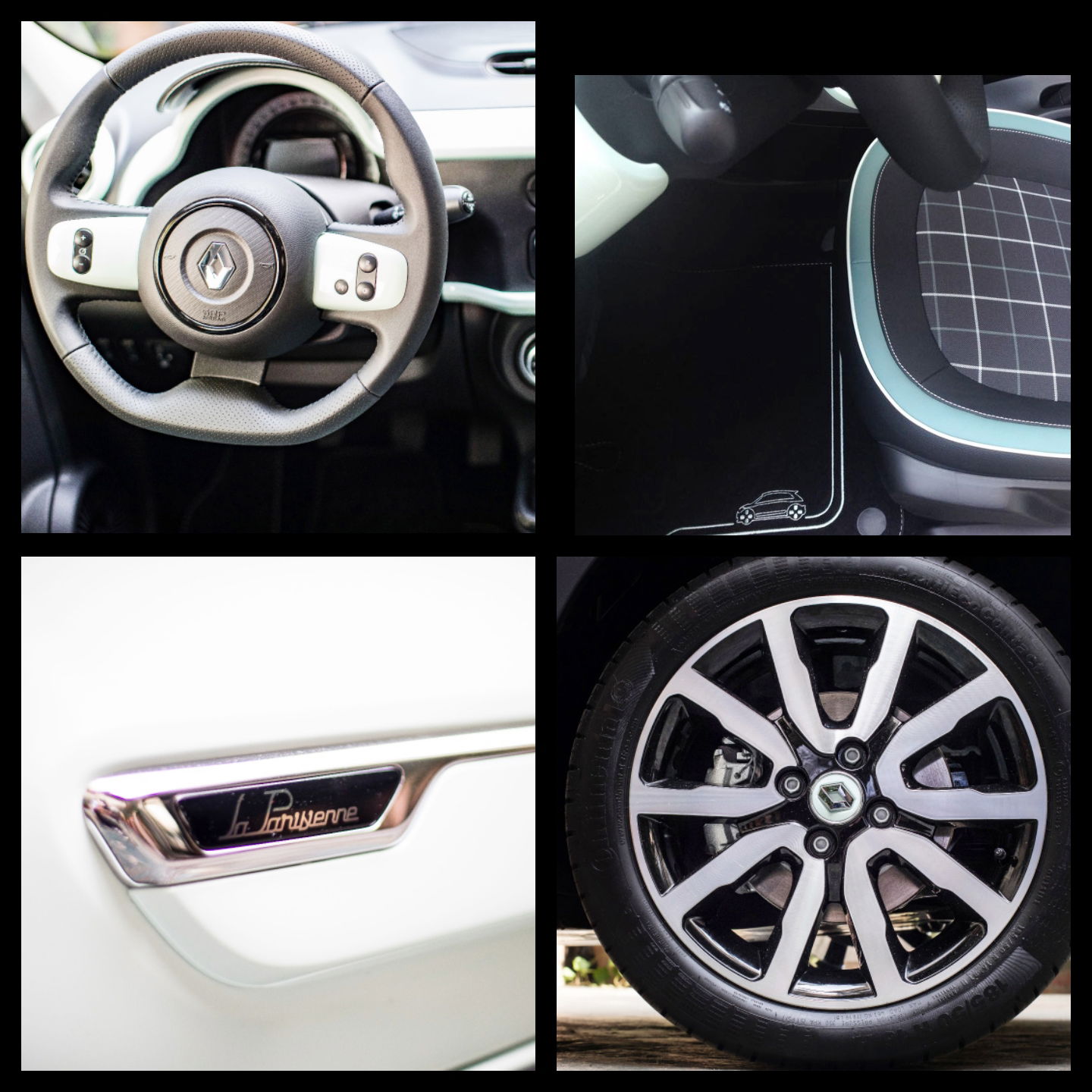 4 foto: in alto a sinistra il volante Renault, in alto a destra sedili e tappeti della Renault, in basso a sinistra il logo 