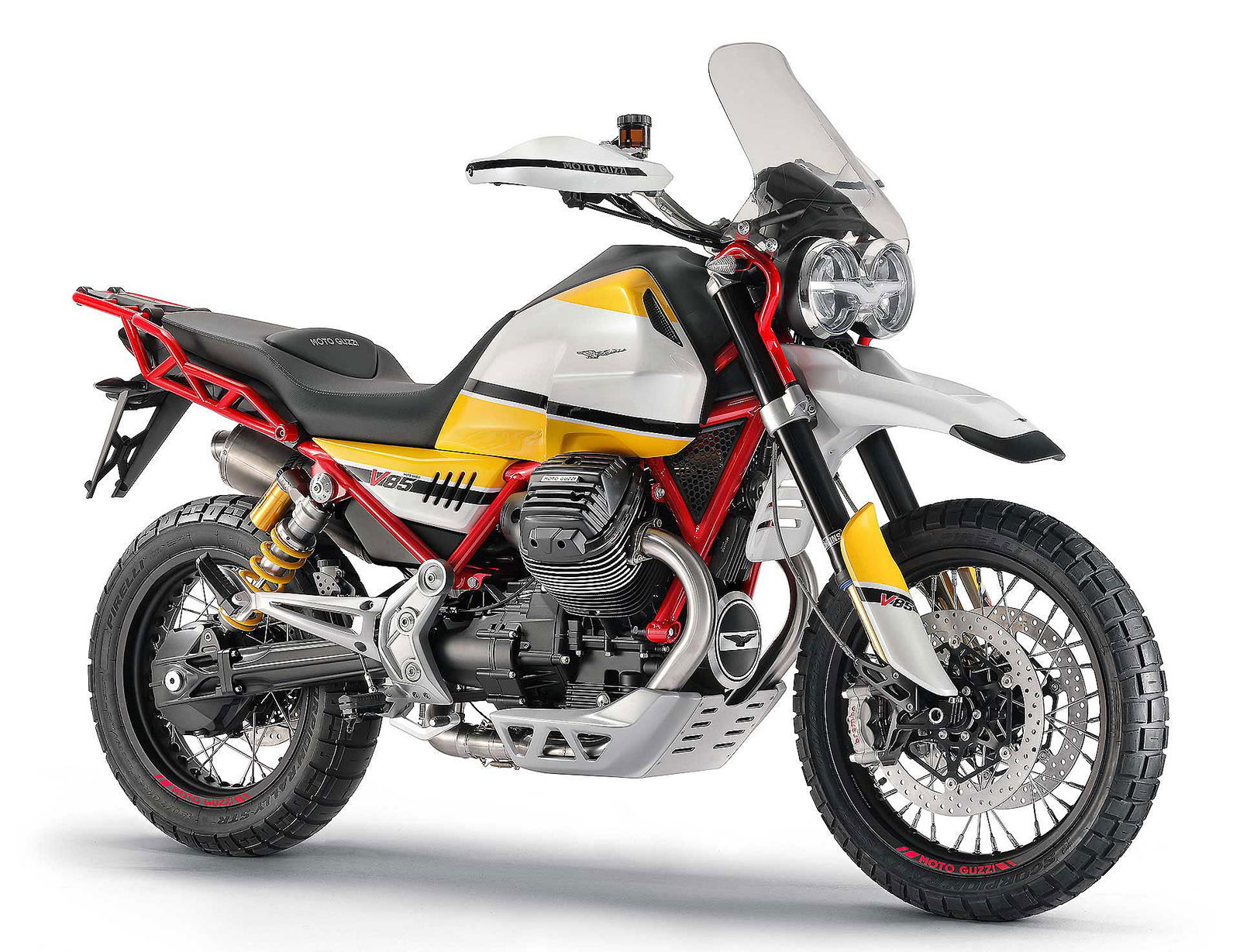 Moto Guzzi V85 TT tre quarti anteriore sfondo bianco