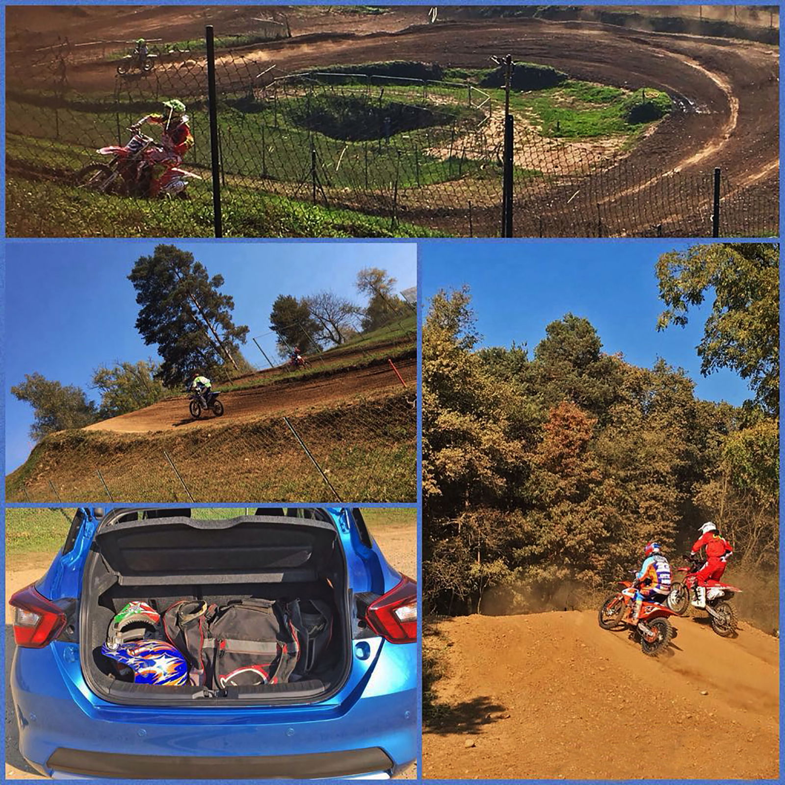 Nissan Micra N-Connecta IG-T nella foto in basso a sinistra, con foto di guidatori di motocross su sterrato