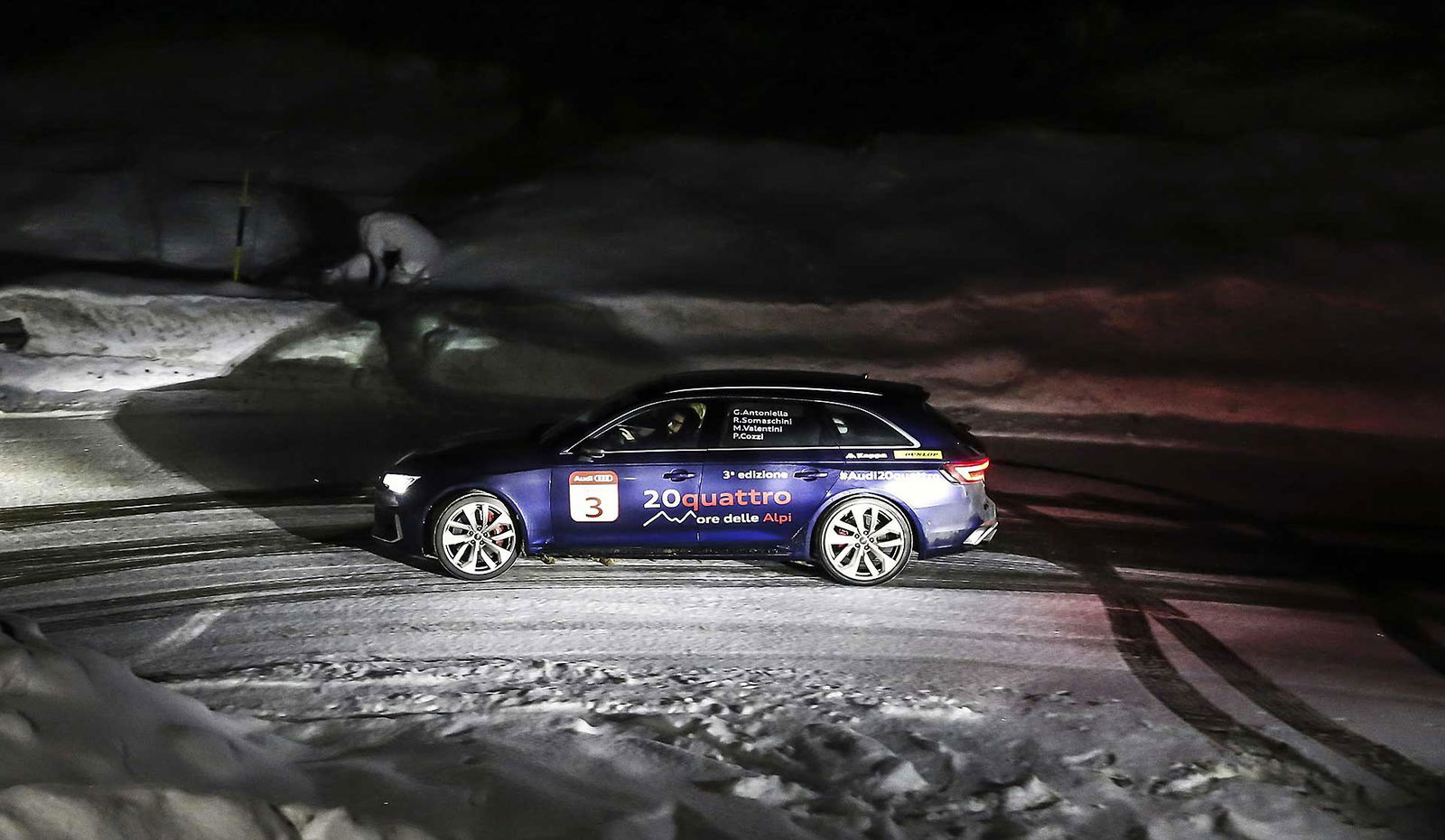 Audi RS4 2018 20Quattro Ore delle Alpi tornante alpino di notte con neve
