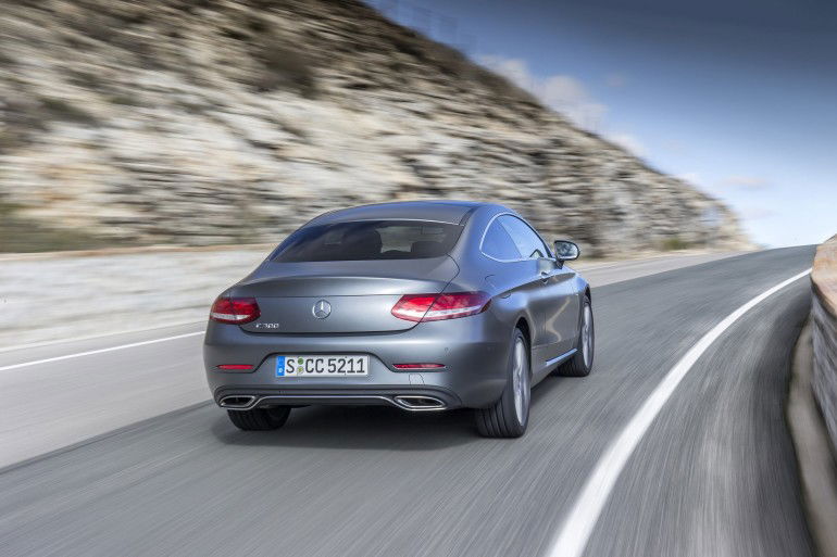 Pressefahrveranstaltung Mercedes Benz, C-Klasse, Malaga 2015, C300 Coupe, edition1, designo selenitgrau magno, Artico schwarz/nussbraun, Airmatic