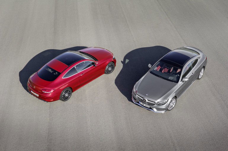 Mercedes-Benz C-Klasse Coupé C 250 d 4MATIC, hyacinthrot, Leder Porzellan/schwarz Mercedes-Benz C-Class Coupé C 250 d 4MATIC, hyacinth red, leather porcellain/black Mercedes-Benz C-Klasse Coupé C 300, Selenit Grau, Leder Cranberry rot Mercedes-Benz C-Class Coupé C 300, selenit grey, leather cranberry red