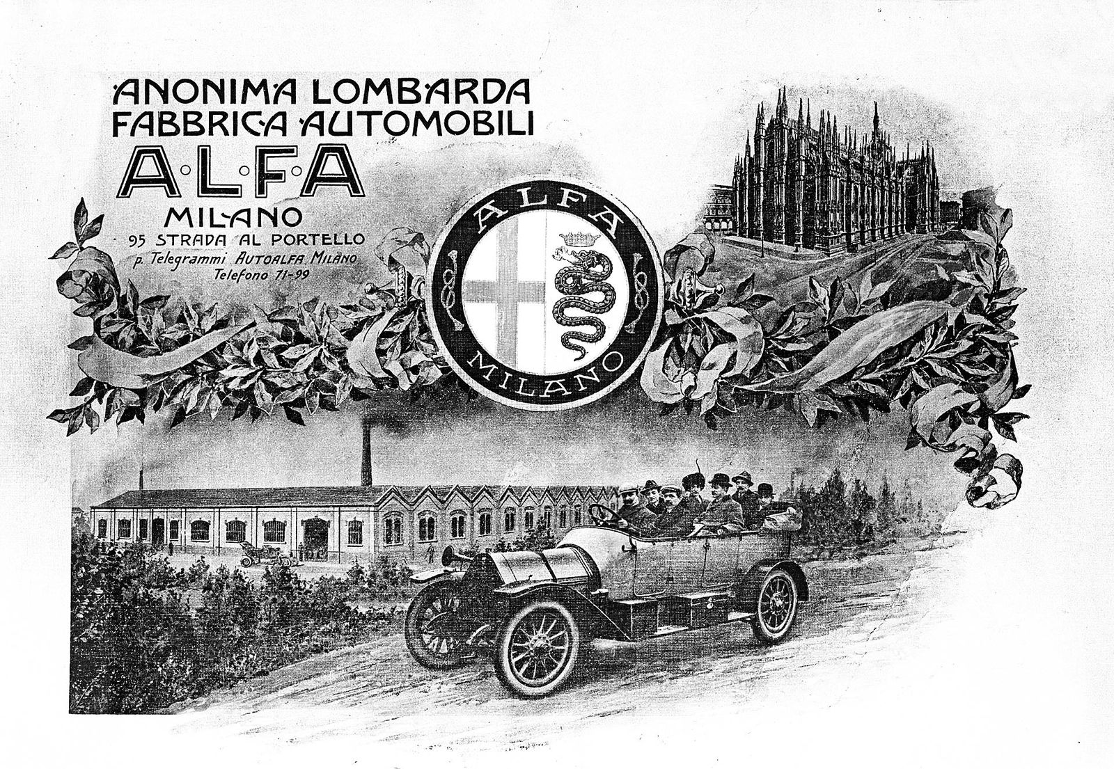Cartolina che mostra l' Anonima Lombarda Fabbrica Automobili