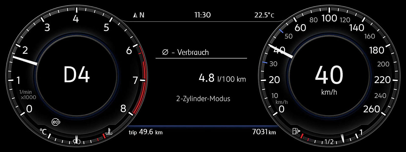 Display dell VW Golf 1.5 TSI con disattivazione 2 cilindri