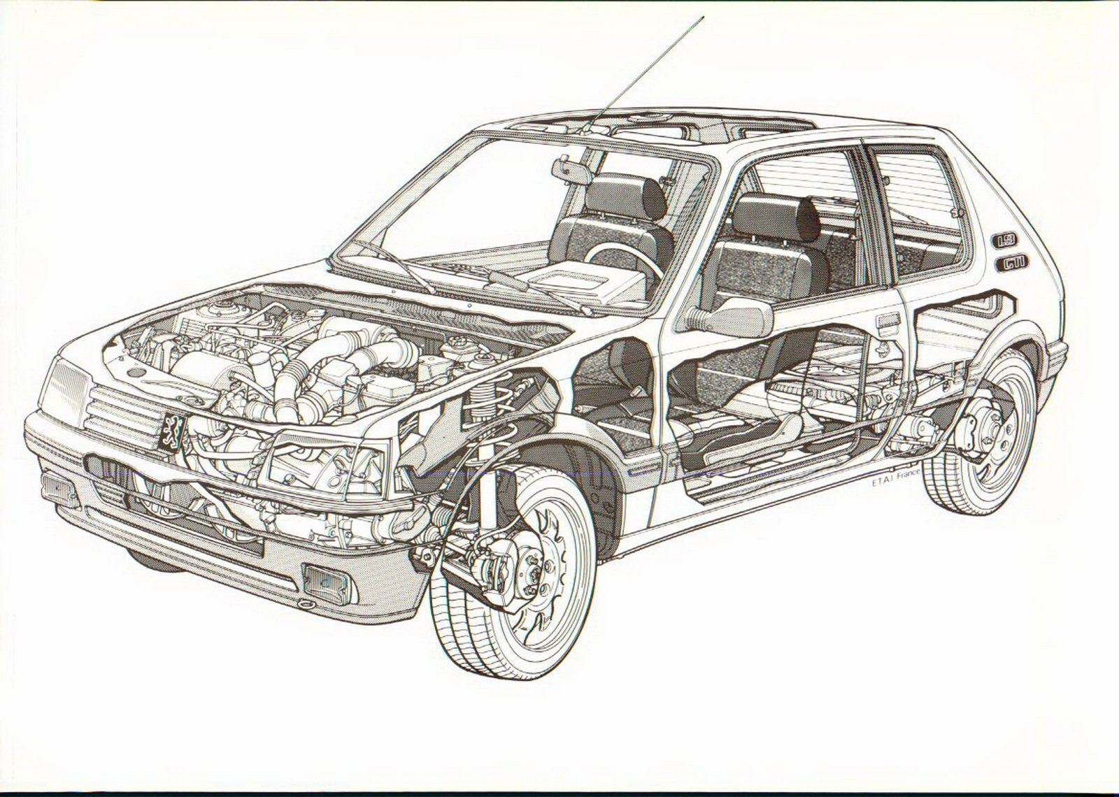 peugeot 205 gti meccanica disegno