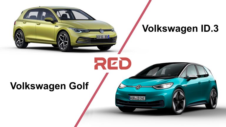 Copertina per format di confronto tra Volkswagen Golf, in alto a sinistra color oro, e ID.3, in basso a destra color azzurro