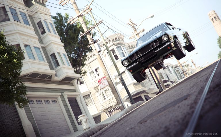 Ford Mustang Fastback del 1964 in aria dopo aver attraversato uno scollinamento su asfalto nelle strade di San Francisco
