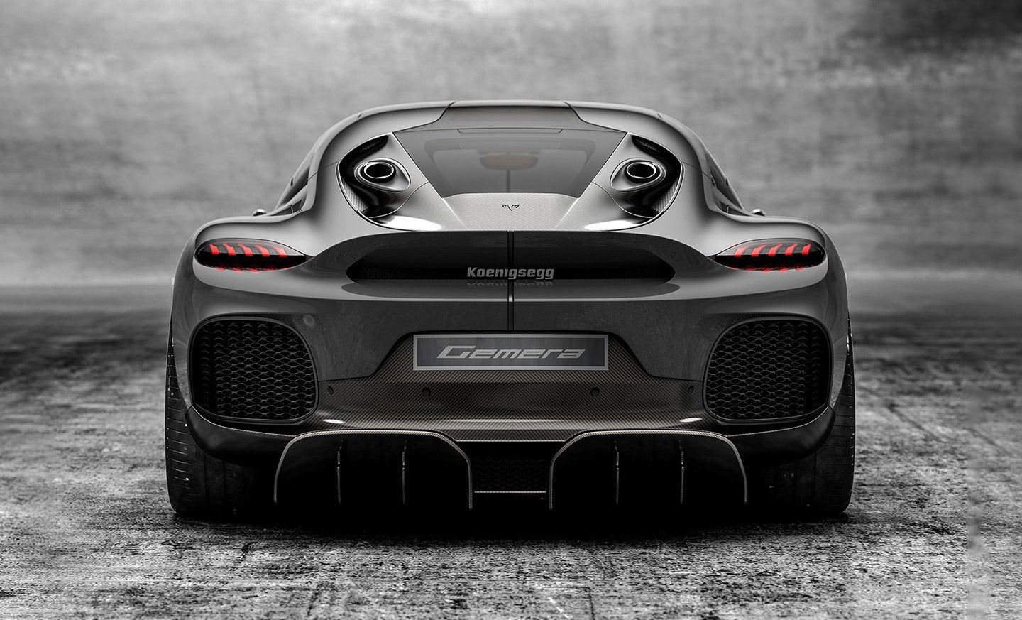 Vista posteriore della silhouette della Koenigsegg Gemera tre cilindri