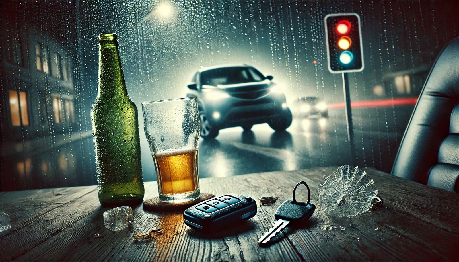 Birra su un tavolo con auto sullo sfondo insieme a un semaforo