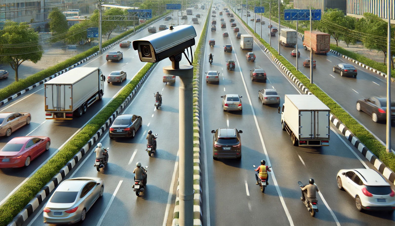 immagine generata dalla intelligenza artificiale di una telecamera di videosorveglianza che scruta il traffico come autovelox