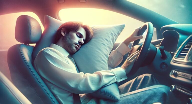 immagine AI di un uomo che dorme al volante con un cuscino