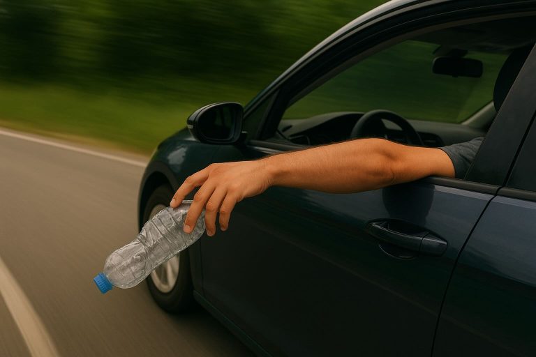 bottiglia di plastica gettata da un'auto in corsa